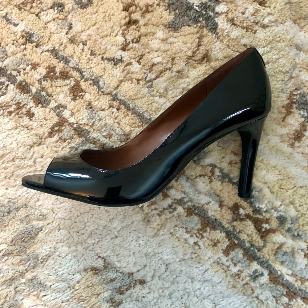 Beautiful Cole Haan Glossy Black Peep-Toe Heels, Size 10